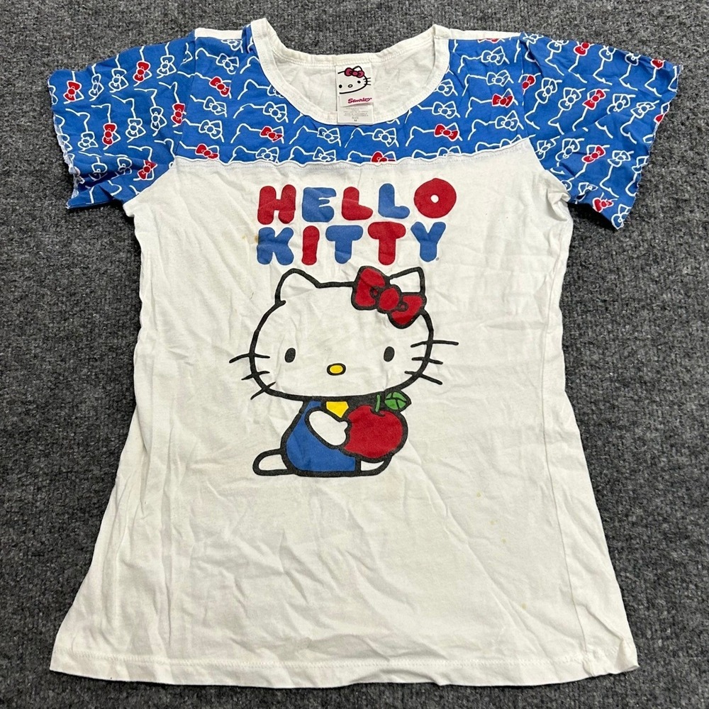 Sanrio Hello Kitty Shirt Womens Size M White Blue Graphic Tee Cotton Y2K Stains